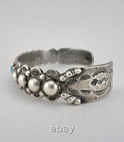 Early Fred Harvey Era Navajo Sterling Silver Turquoise Stamped Cuff Bracelet