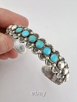 Early Fred Harvey Era Navajo Sterling Silver Turquoise Stamped Cuff Bracelet