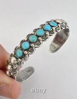 Early Fred Harvey Era Navajo Sterling Silver Turquoise Stamped Cuff Bracelet