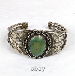 Early Fred Harvey Era Navajo Turquoise Sterling Silver Stamped Cuff Bracelet