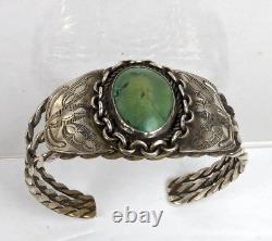 Early Fred Harvey Era Navajo Turquoise Sterling Silver Stamped Cuff Bracelet