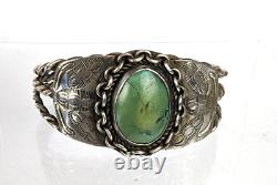 Early Fred Harvey Era Navajo Turquoise Sterling Silver Stamped Cuff Bracelet