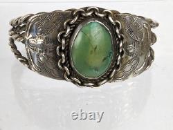 Early Fred Harvey Era Navajo Turquoise Sterling Silver Stamped Cuff Bracelet