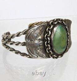 Early Fred Harvey Era Navajo Turquoise Sterling Silver Stamped Cuff Bracelet