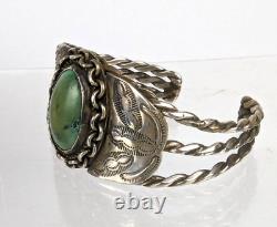 Early Fred Harvey Era Navajo Turquoise Sterling Silver Stamped Cuff Bracelet