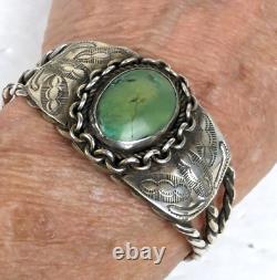 Early Fred Harvey Era Navajo Turquoise Sterling Silver Stamped Cuff Bracelet