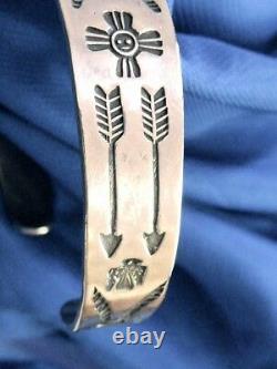 Early Fred Harvey Era Turquoise Cuff Bracelet Arrows Eagle Highly Decorated