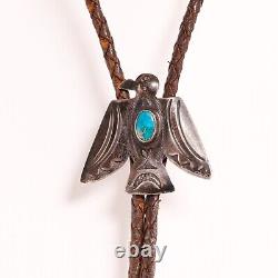 Early Fred Harvey Sterling Blue Gem Turquoise Stamped Thunderbird Bolo Tie 38