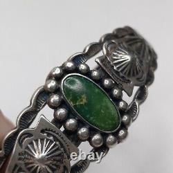 Early Green Turquoise Bracelet Arrowhead Fred Harvey Era Sterling Silver 6