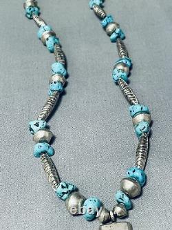 Early Hand Tooled Unique Bead Vintage Navajo Turquoise Sterling Silver Necklace