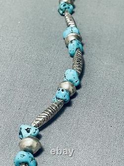 Early Hand Tooled Unique Bead Vintage Navajo Turquoise Sterling Silver Necklace