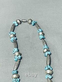 Early Hand Tooled Unique Bead Vintage Navajo Turquoise Sterling Silver Necklace