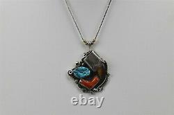 Early Herbert H. Tsosie Navajo Sterling Turquoise Coral Pendant Necklace Pawn