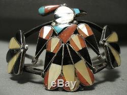 Early Huge Vintage Zuni Turquoise Coral Silver Patina Bracelet