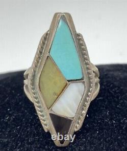 Early James Mason Handmade Navajo Sterling Turquoise Onyx Pearl Inlaid Ring Vtg