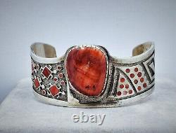 Early Kenneth Jones Navajo Red Spiny Oyster Men's Sterling Silver Cuff Bracelet