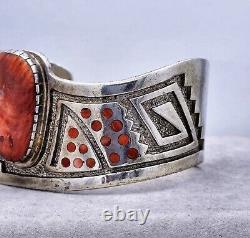 Early Kenneth Jones Navajo Red Spiny Oyster Men's Sterling Silver Cuff Bracelet