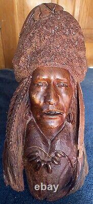 Early Large Manzanita Wood Carved Native American Chief Bust by Bob Boomer 1982