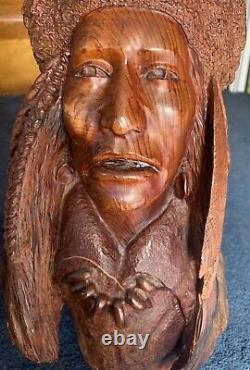 Early Large Manzanita Wood Carved Native American Chief Bust by Bob Boomer 1982