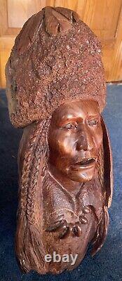 Early Large Manzanita Wood Carved Native American Chief Bust by Bob Boomer 1982