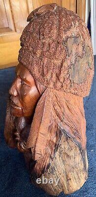 Early Large Manzanita Wood Carved Native American Chief Bust by Bob Boomer 1982