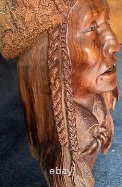 Early Large Manzanita Wood Carved Native American Chief Bust by Bob Boomer 1982