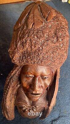 Early Large Manzanita Wood Carved Native American Chief Bust by Bob Boomer 1982