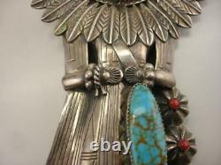 Early Large Sterling Silver Turquoise Coral Sun Kachina Bolo Tie USA Made Navajo
