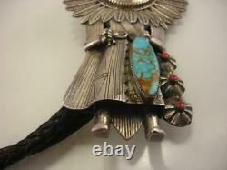 Early Large Sterling Silver Turquoise Coral Sun Kachina Bolo Tie USA Made Navajo