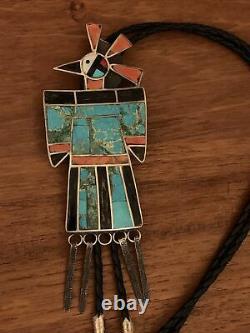 Early Large Sterling Silver Turquoise Coral Thunderbird Bolo Tie Native American