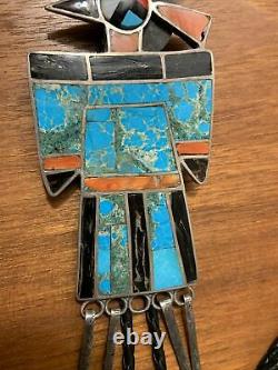 Early Large Sterling Silver Turquoise Coral Thunderbird Bolo Tie Native American
