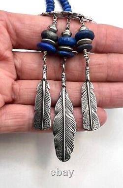 Early Mary Doug Hancock Sterling Silver Lapis Feather Pendant Beaded Necklace