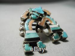 Early Museum Quality Vintage Zuni Turquoise Coral Sterling Silver Earrings Old