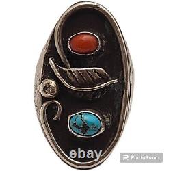 Early Native American 1920'S NAVAJO CORALTURQUOISE INGOT SILVER RING SIZE 8.75