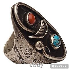 Early Native American 1920'S NAVAJO CORALTURQUOISE INGOT SILVER RING SIZE 8.75