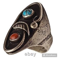 Early Native American 1920'S NAVAJO CORALTURQUOISE INGOT SILVER RING SIZE 8.75