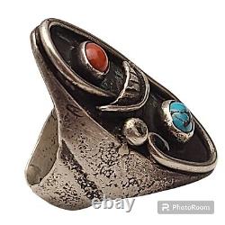 Early Native American 1920'S NAVAJO CORALTURQUOISE INGOT SILVER RING SIZE 8.75