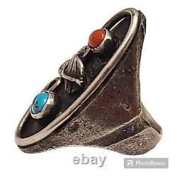 Early Native American 1920'S NAVAJO CORALTURQUOISE INGOT SILVER RING SIZE 8.75