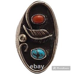 Early Native American 1920'S NAVAJO CORALTURQUOISE INGOT SILVER RING SIZE 8.75