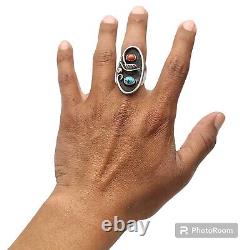 Early Native American 1920'S NAVAJO CORALTURQUOISE INGOT SILVER RING SIZE 8.75