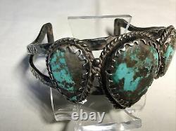 Early Native American 3 Stone Turquoise Sterling Cuff Bracelet