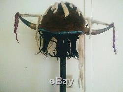 Early Native American Indian Buffalo Fur Horn Headdress Warrior Bonnet 19th C