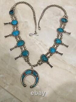 Early Native American Sterling And Turquoise & Coral Squash Blossom Necklace