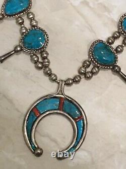 Early Native American Sterling And Turquoise & Coral Squash Blossom Necklace