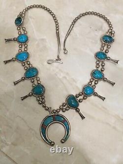 Early Native American Sterling And Turquoise & Coral Squash Blossom Necklace