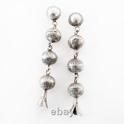 Early Native American Sterling Silver Bench Bead Squash Blossom Dangle Earrings