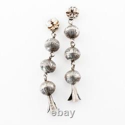 Early Native American Sterling Silver Bench Bead Squash Blossom Dangle Earrings