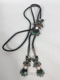Early Native American Zuni Sterling turquoise Coral Bird Bolo Tie