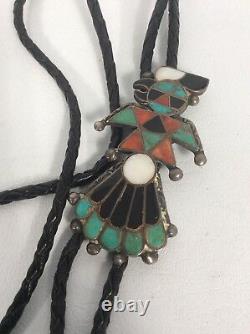 Early Native American Zuni Sterling turquoise Coral Bird Bolo Tie