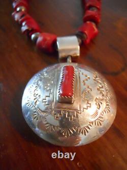 Early Native American large rare Coral Necklace with sterling drop pendant
